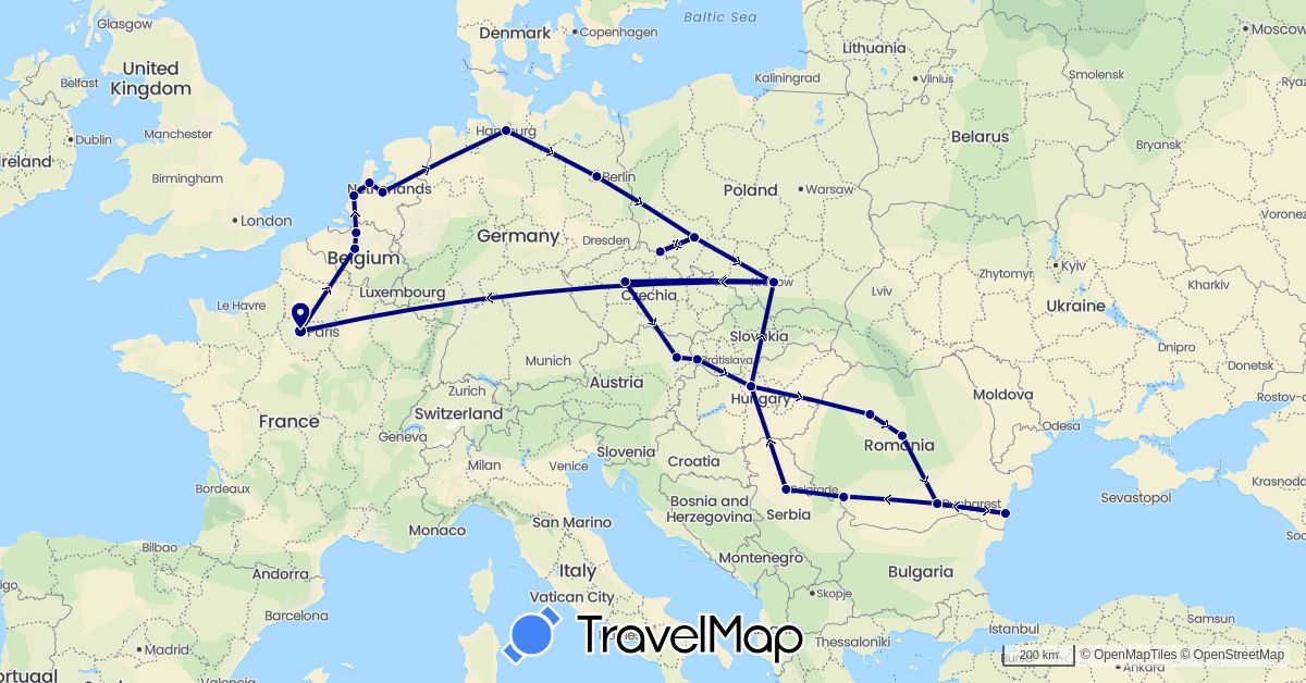 TravelMap itinerary: driving in Austria, Belgium, Czech Republic, Germany, France, Hungary, Netherlands, Poland, Romania, Serbia, Slovakia (Europe)